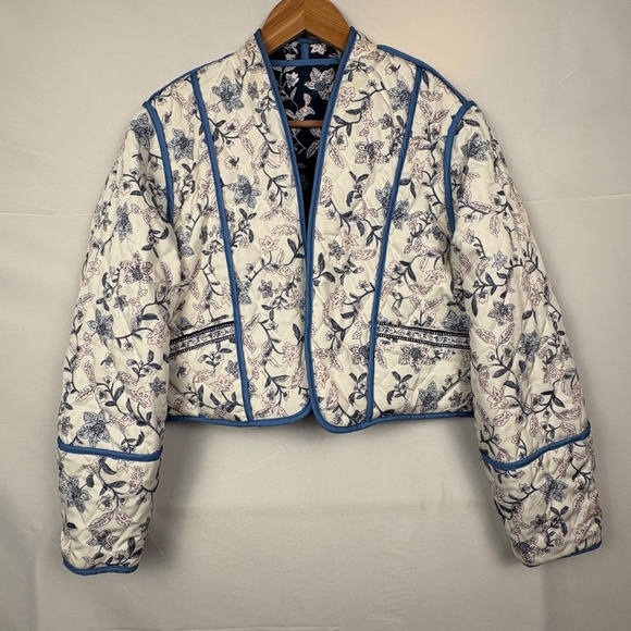 Women Quilted Cropped Reversible Open Front Jacket Sz M Cottagecore Country Boho - Picture 2 of 15